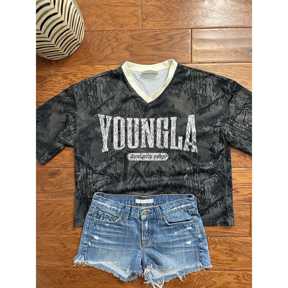 YoungLA Mens Small Mesh Athletic Dept V-Neck Camo Jersey Shirt Grey Black Unisex